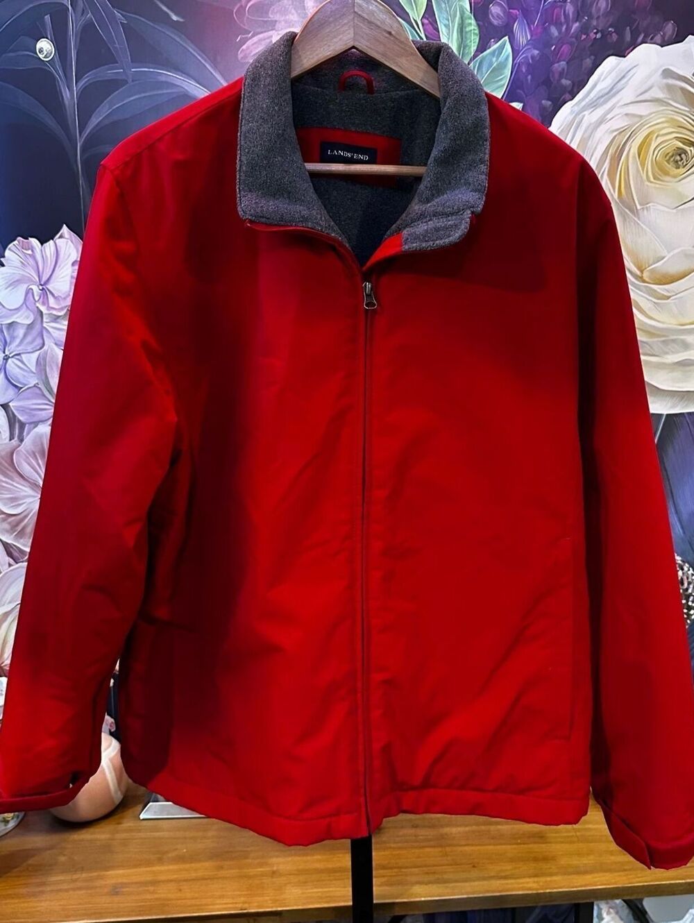Lands’ End Women’s L 14-16 Red WindCheck Jacket ThermaCheck Fleece Lined YKK Zip